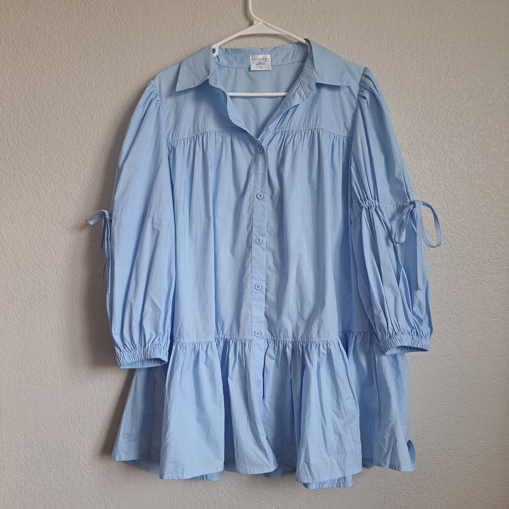 Anonyme Designers Blue Mini Button Up Shirt Dress Size XL